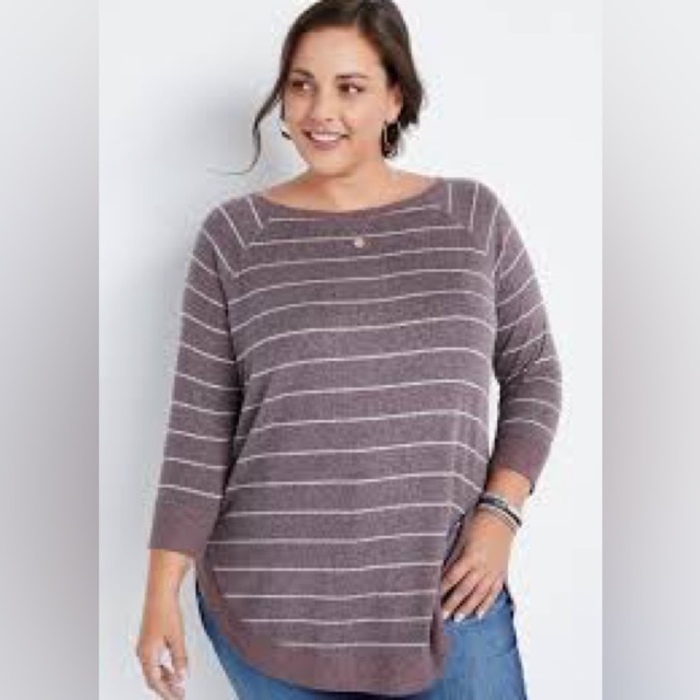 XS Mew Maurices Haven Cozy Knit Purple Striped Crew Neck Sweatshirt Lightweight